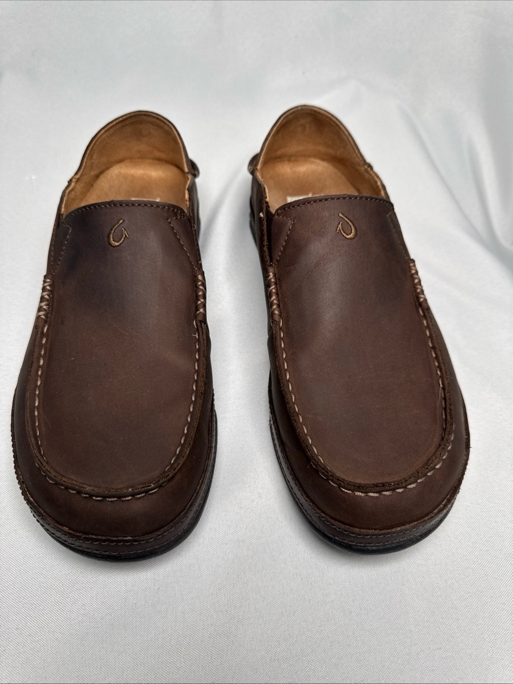 Olukai Moloa Mens Leather Slip On Shoes 9.5 Dark Wood Brown Loafers 10128-6348